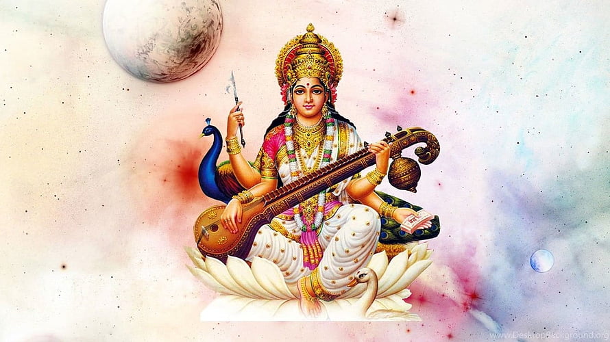 Maa Saraswati Playing Veena on Lotus with Peacock and Cosmic Background HD wallpaper