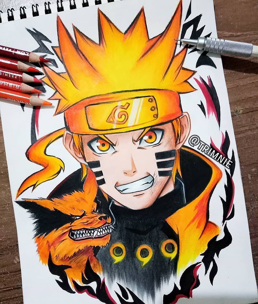 Naruto Uzumaki Nine-Tails Chakra Mode Colored Pencil Artwork HD phone wallpaper