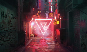 Cyberpunk Alley with Glowing Neon Triangle and Wet Street Reflections HD wallpaper