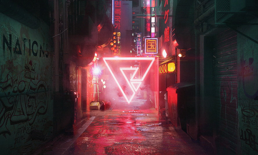 Cyberpunk Alley with Glowing Neon Triangle and Wet Street Reflections HD wallpaper