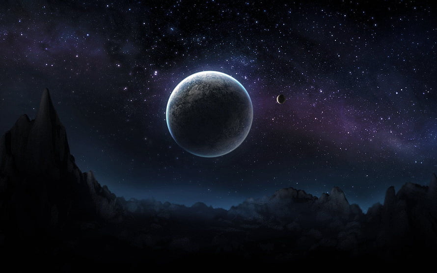 Dark Alien Landscape With Giant Planet And Starry Night Sky HD wallpaper