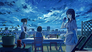 Anime Rooftop Dinner Scene Under Starry Night Sky With City View HD wallpaper
