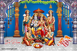 Sri Rama Pattabhishekam with Sita, Hanuman, and Lakshmana in ornate temple setting HD wallpaper