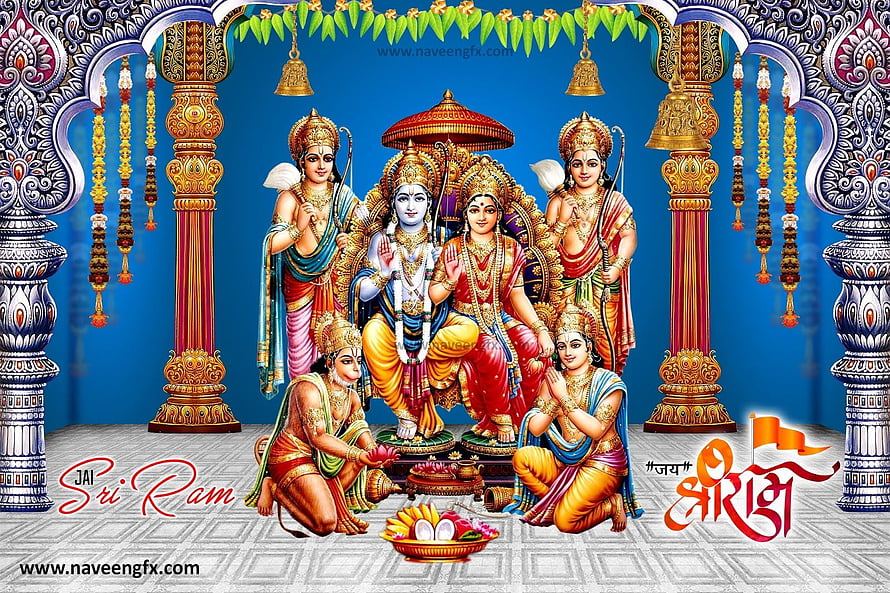 Sri Rama Pattabhishekam with Sita, Hanuman, and Lakshmana in ornate temple setting HD wallpaper