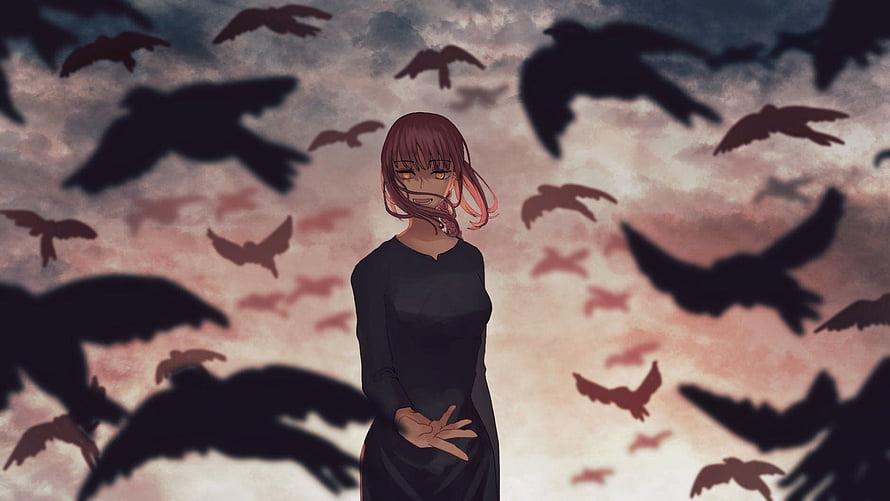 Makima from Chainsaw Man Standing Amidst a Flock of Crows in a Dark Anime Illustration HD wallpaper