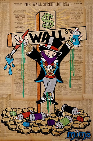 Alec Monopoly Street Art on Vintage Wall Street Journal Newspaper Background HD phone wallpaper