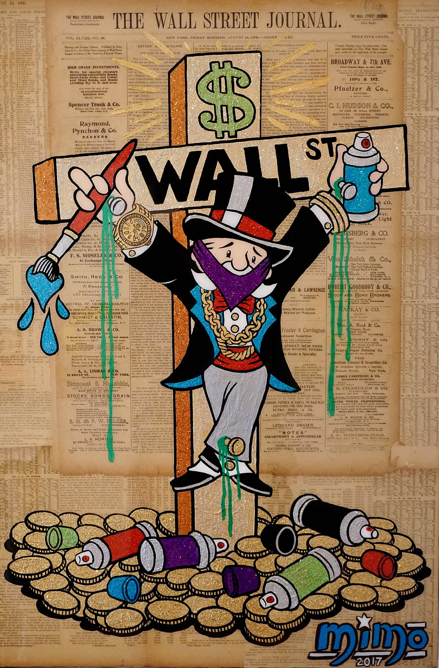 Alec Monopoly Street Art on Vintage Wall Street Journal Newspaper Background HD phone wallpaper