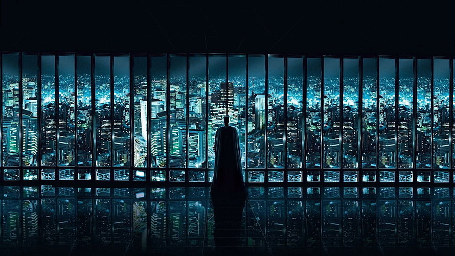 Batman Silhouette Overlooking Gotham City at Night from a High-Rise Penthouse HD wallpaper