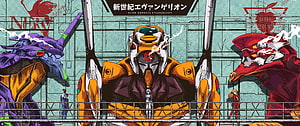 Neon Genesis Evangelion Unit 01, 02, and 03 Standing in NERV Hangar HD wallpaper