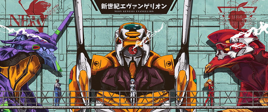 Neon Genesis Evangelion Unit 01, 02, and 03 Standing in NERV Hangar HD wallpaper