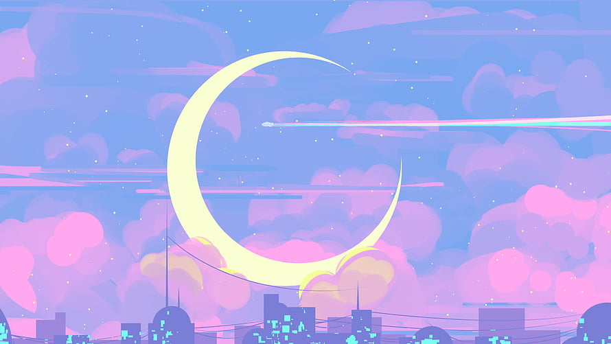 Sailor Moon Aesthetic Night Sky with Crescent Moon and Pastel Clouds HD wallpaper