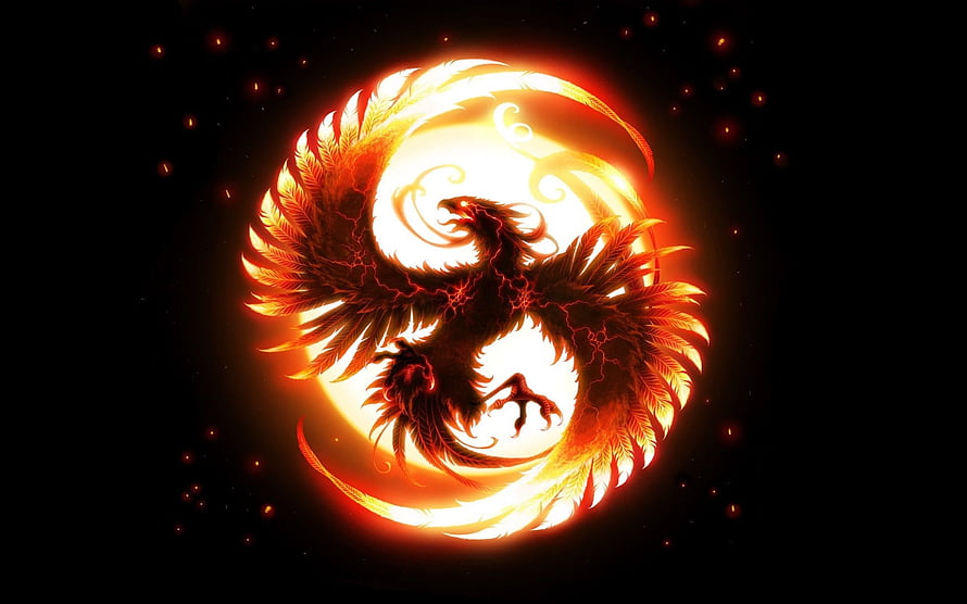 Fiery Phoenix Rising in a Glowing Circular Flame Emblem on Black Background HD wallpaper