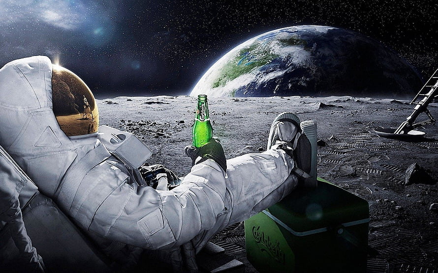 Astronaut Relaxing on the Moon Surface with Earth in the Background HD wallpaper