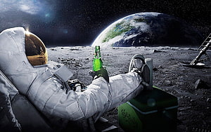Astronaut Relaxing on the Moon with a Green Bottle and Earth in the Background HD wallpaper