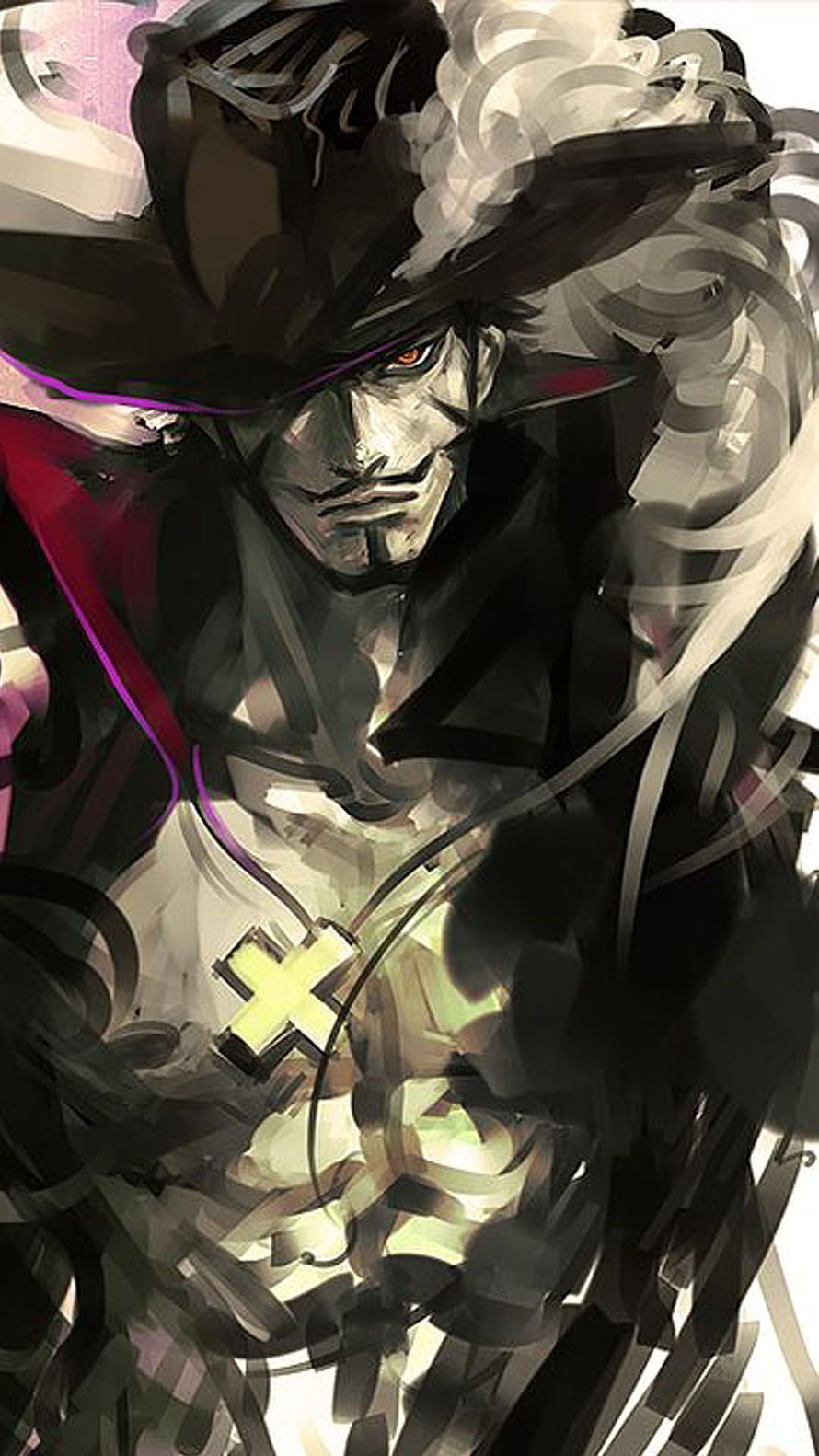 Dracule Mihawk from One Piece in a dramatic dark anime illustration with a wide-brimmed hat and glowing red eyes HD phone wallpaper