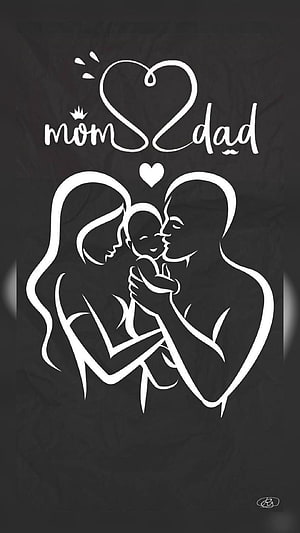 Minimalist White Line Art of Parents Holding Baby with Heart and Mom Dad Text on Black Background HD phone wallpaper