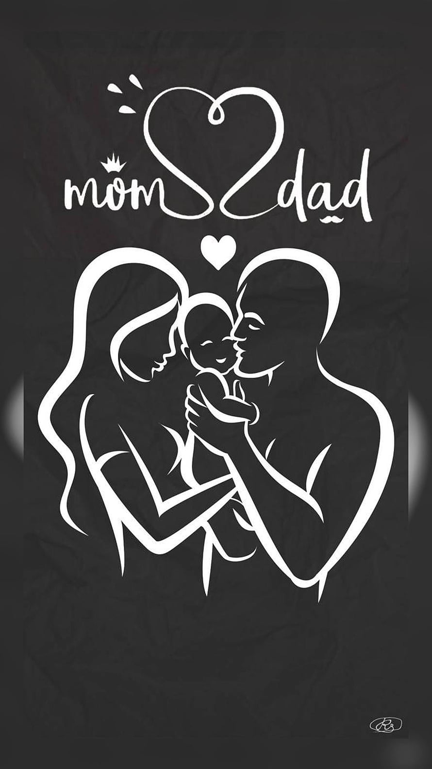 Minimalist White Line Art of Parents Holding Baby with Heart and Mom Dad Text on Black Background HD phone wallpaper