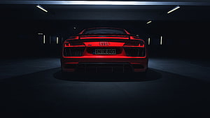 Audi R8 V10 Plus Rear View in Dark Garage with Red Accent Lighting HD wallpaper