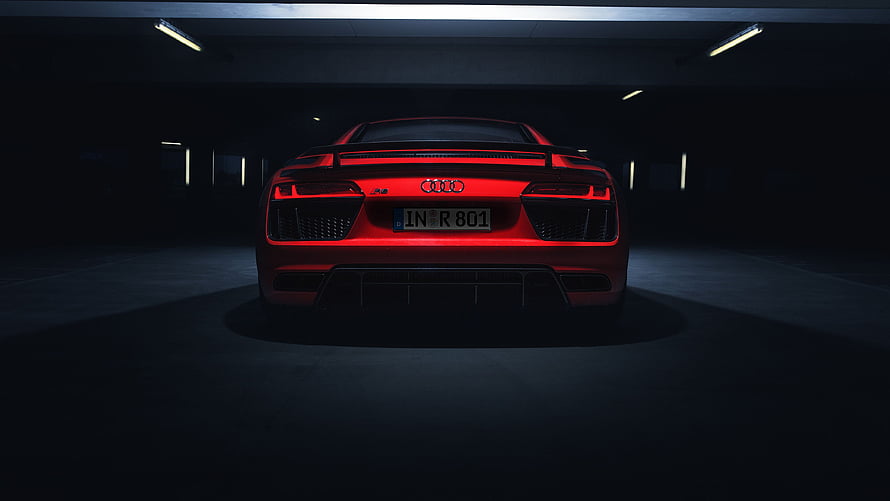 Audi R8 V10 Plus Rear View in Dark Garage with Red Accent Lighting HD wallpaper