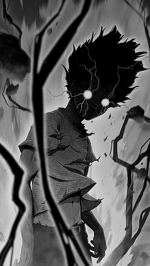 Mob Psycho 100 Anime Character with Glowing Eyes and Dark Energy Aura HD phone wallpaper