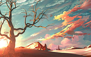 Stylized Digital Landscape Featuring Bare Tree, Snowy Peaks, and Vibrant Sunset Sky HD wallpaper