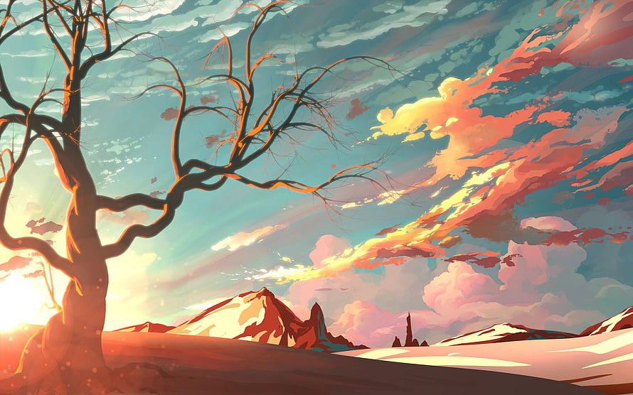 Stylized Digital Landscape Featuring Bare Tree, Snowy Peaks, and Vibrant Sunset Sky HD wallpaper