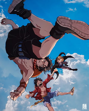 One Piece Characters Ace Luffy and Sabo Leaping Through a Bright Blue Sky HD phone wallpaper