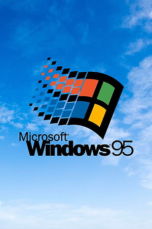 Classic Microsoft Windows 95 Logo Against a Bright Blue Sky with Scattered Clouds HD phone wallpaper