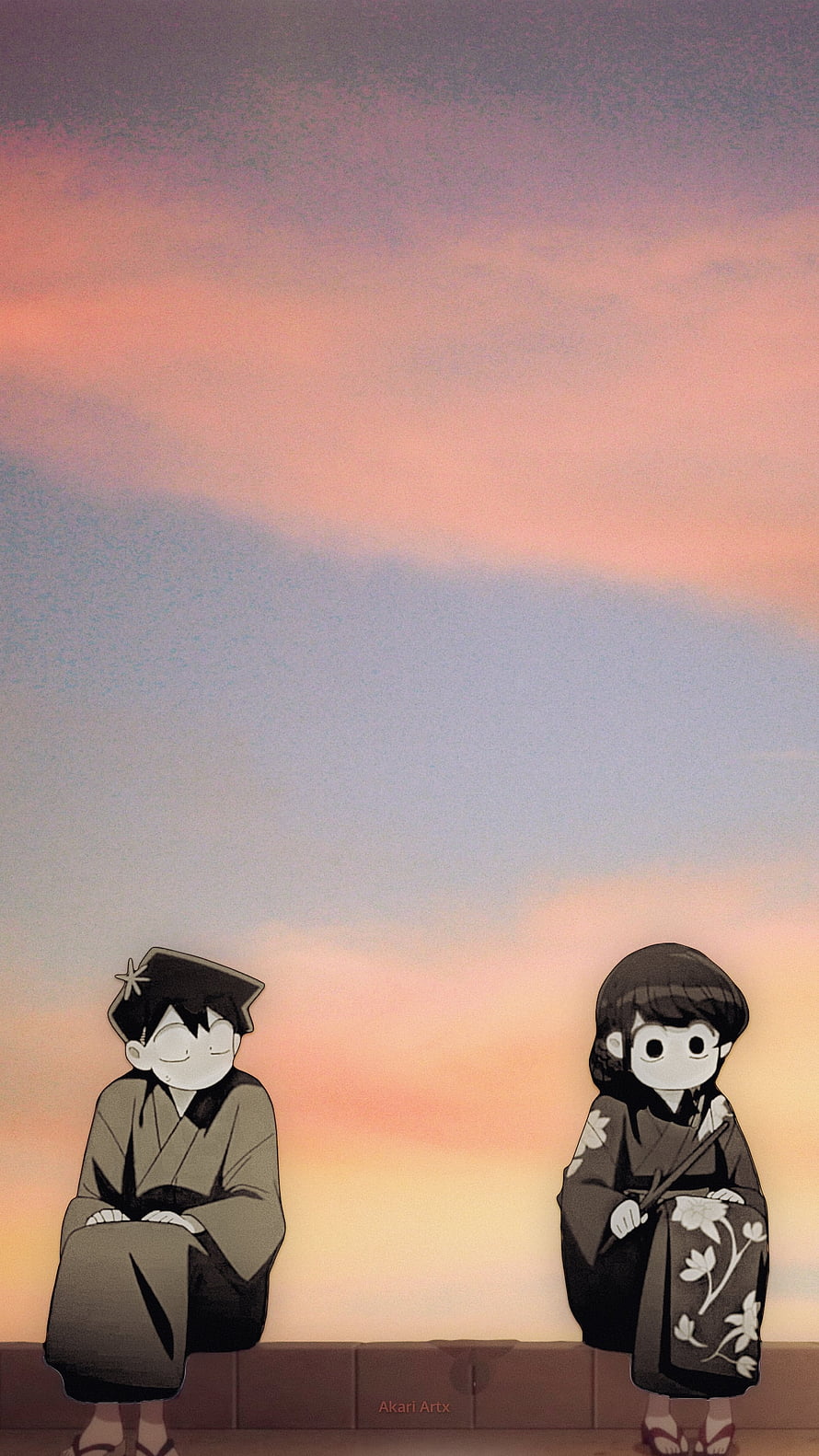 Komi-san and Tadano in Traditional Kimono Under a Soft Sunset Sky HD phone wallpaper