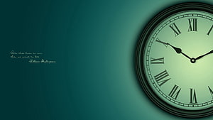 Vintage Roman Numeral Wall Clock with Shakespeare Quote on Teal Background HD wallpaper