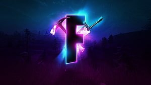 Fortnite Neon F Logo With Pickaxe And Rifle In Dark Forest Landscape HD wallpaper