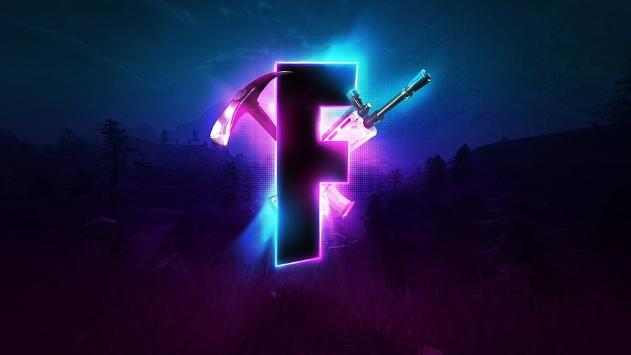Fortnite Neon F Logo With Pickaxe And Rifle In Dark Forest Landscape HD wallpaper