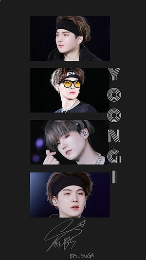 BTS Suga Yoongi Stage Portrait Collage with Signature and Stylized Text HD phone wallpaper