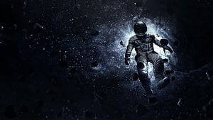 Astronaut Floating in Deep Space Amidst Asteroids and Nebula Dust HD wallpaper