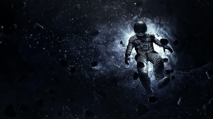 Astronaut Floating in Deep Space Amidst Asteroids and Nebula Dust HD wallpaper