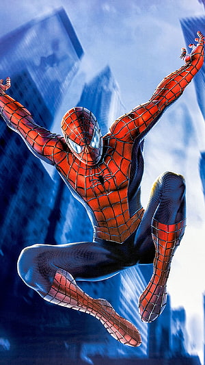 Spider-Man in Classic Red and Blue Suit Leaping Through City Skyline HD phone wallpaper