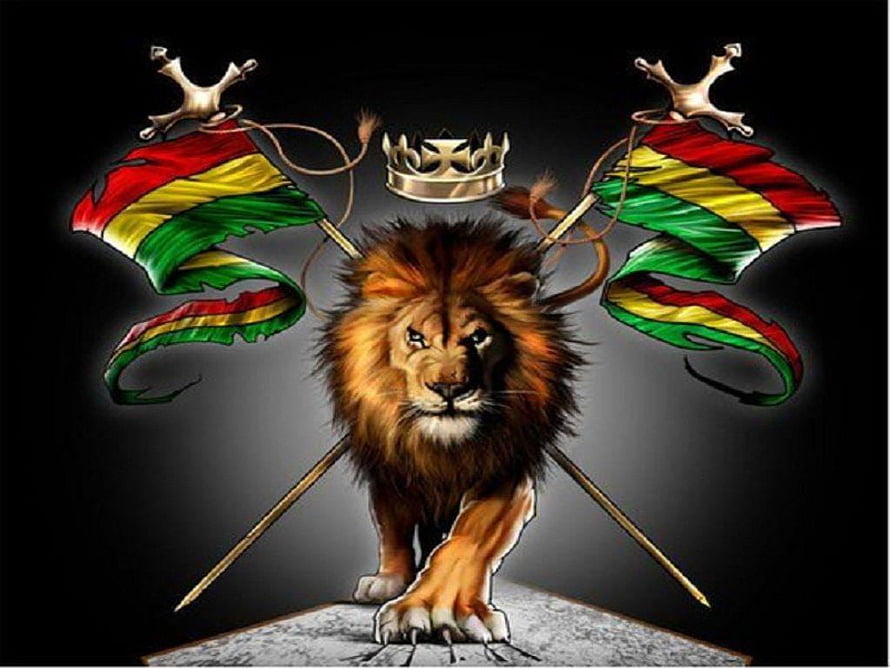 Lion of Judah with Rasta Flags and Crown on Black Background HD wallpaper