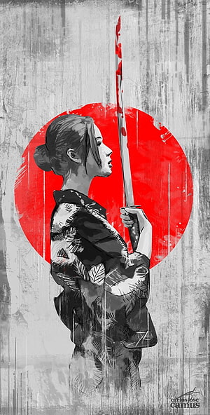 Samurai Woman Holding Bloodied Katana Against Red Sun in Grunge Japanese Art Style, best Samurai . Japanese art, Japanese tattoos HD phone wallpaper