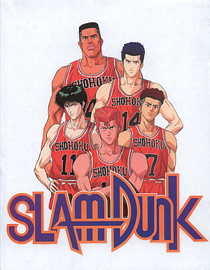 Slam Dunk Shohoku Team Anime Poster with Five Basketball Players in Red Jerseys HD phone wallpaper