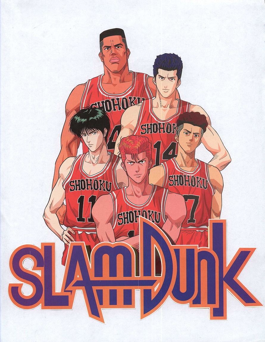 Slam Dunk Shohoku Team Anime Poster with Five Basketball Players in Red Jerseys HD phone wallpaper
