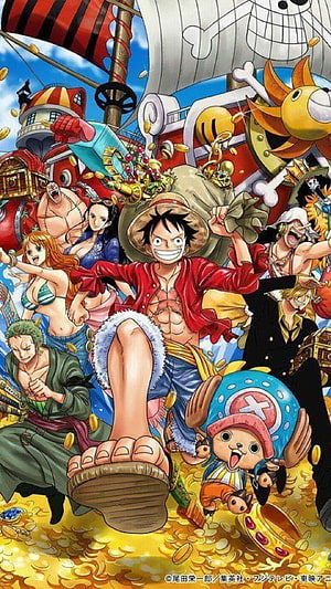 One Piece Straw Hat Pirates Celebrating Treasure on the Thousand Sunny Ship HD phone wallpaper