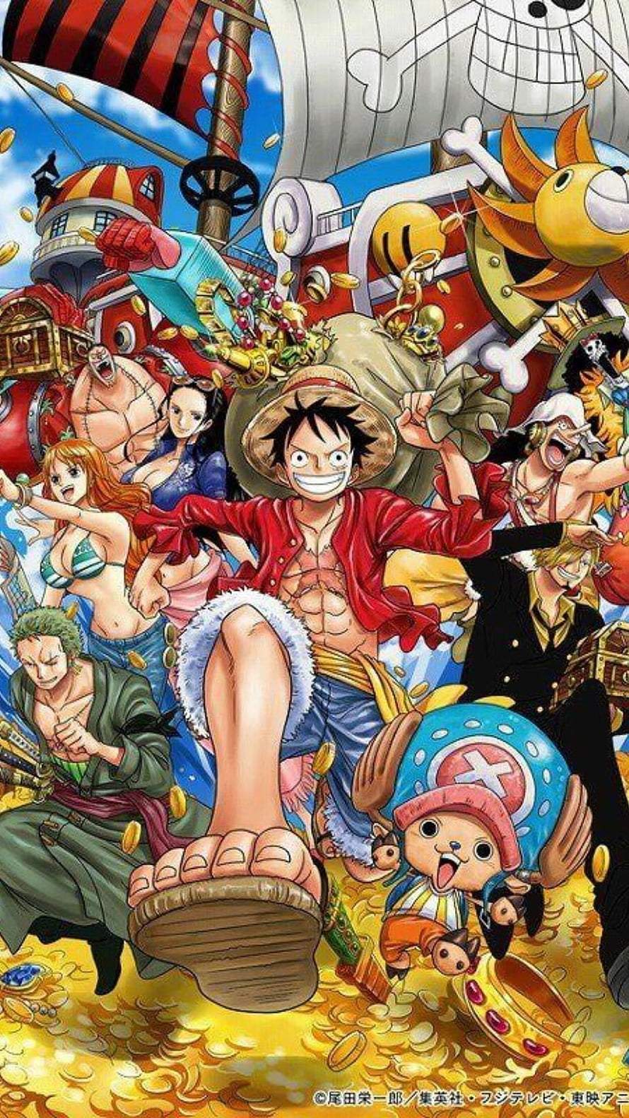 One Piece Straw Hat Pirates Celebrating Treasure on the Thousand Sunny Ship HD phone wallpaper
