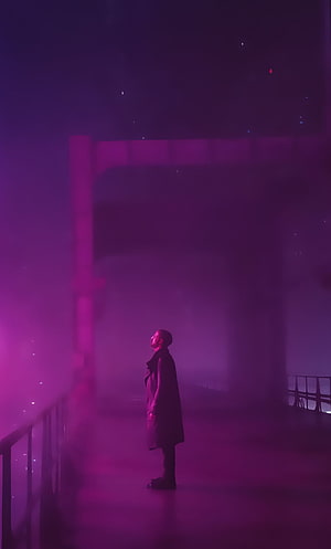 Blade Runner 2049 Cinematic Scene with Silhouetted Figure in Purple Haze HD phone wallpaper