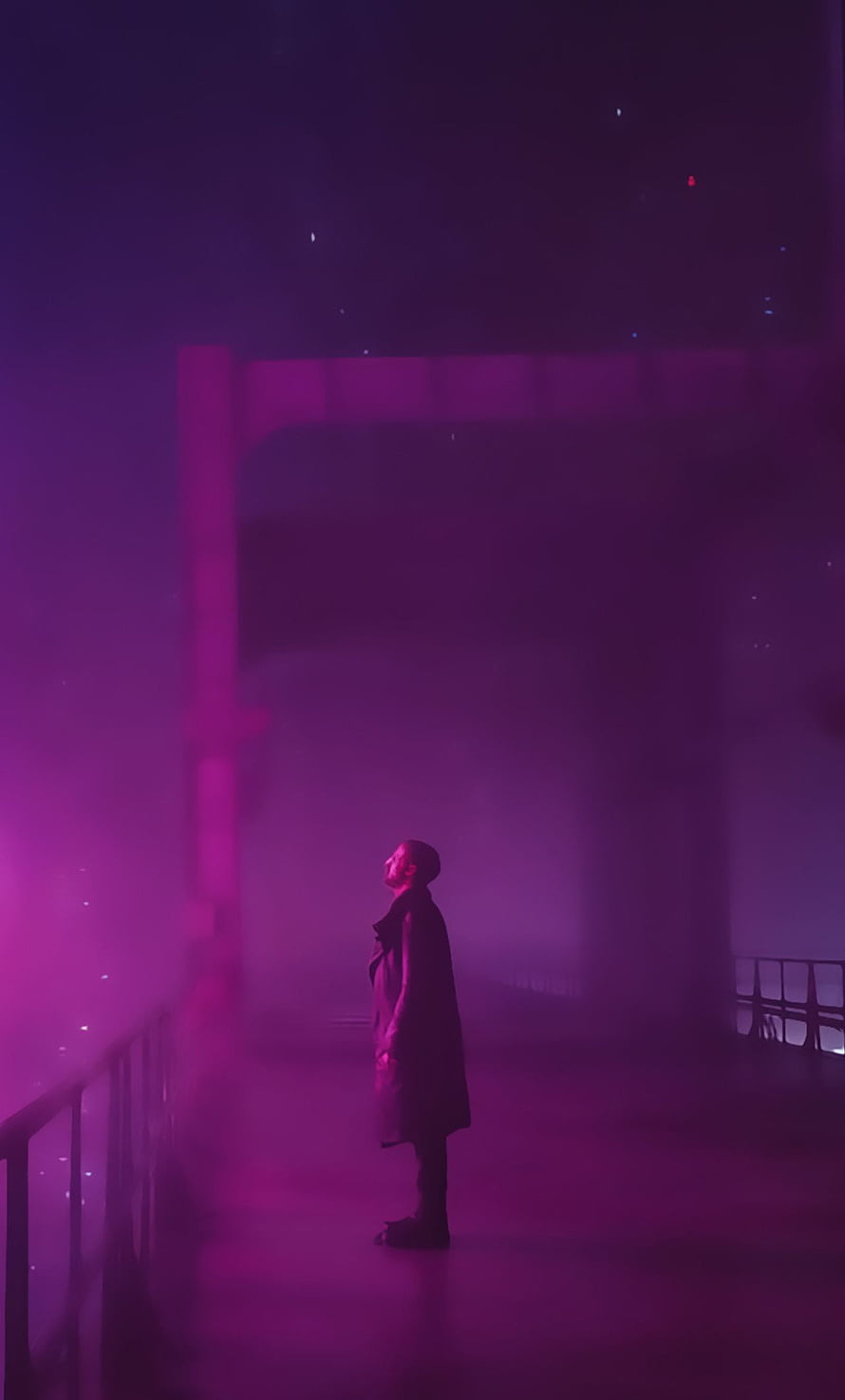 Blade Runner 2049 Cinematic Scene with Silhouetted Figure in Purple Haze HD phone wallpaper