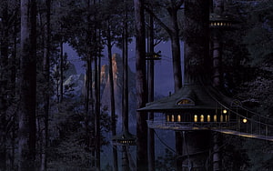 Enchanted Treehouse Village Glowing in a Dark Forest at Night HD wallpaper