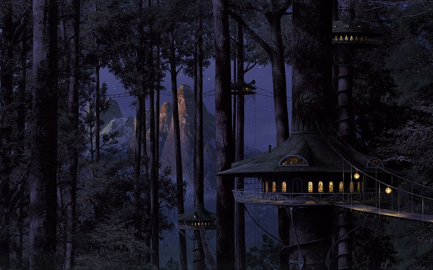 Enchanted Treehouse Village Glowing in a Dark Forest at Night HD wallpaper