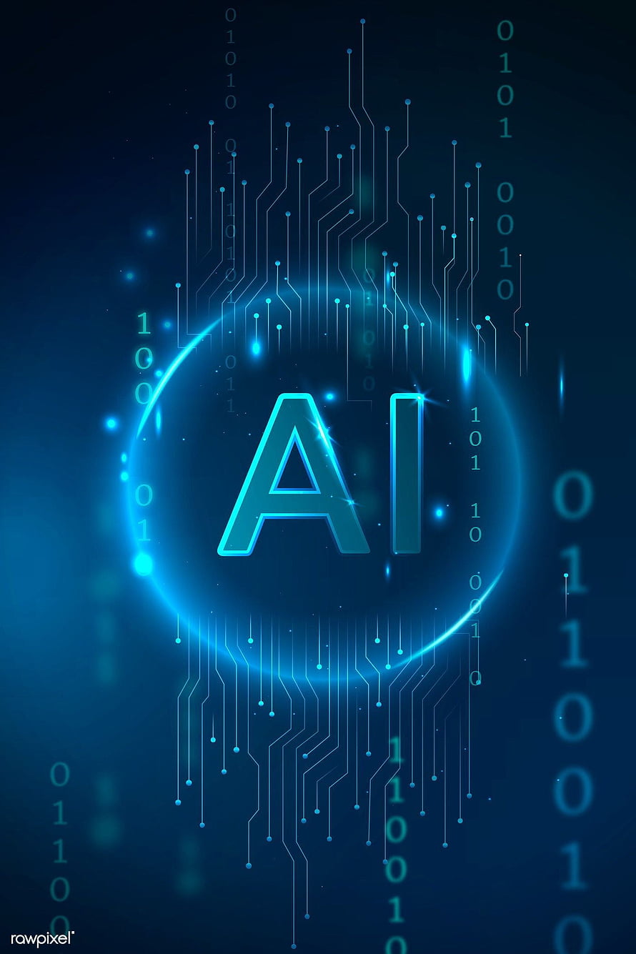 Glowing AI Text with Circuit Board Traces and Binary Code on Dark Blue Background HD phone wallpaper