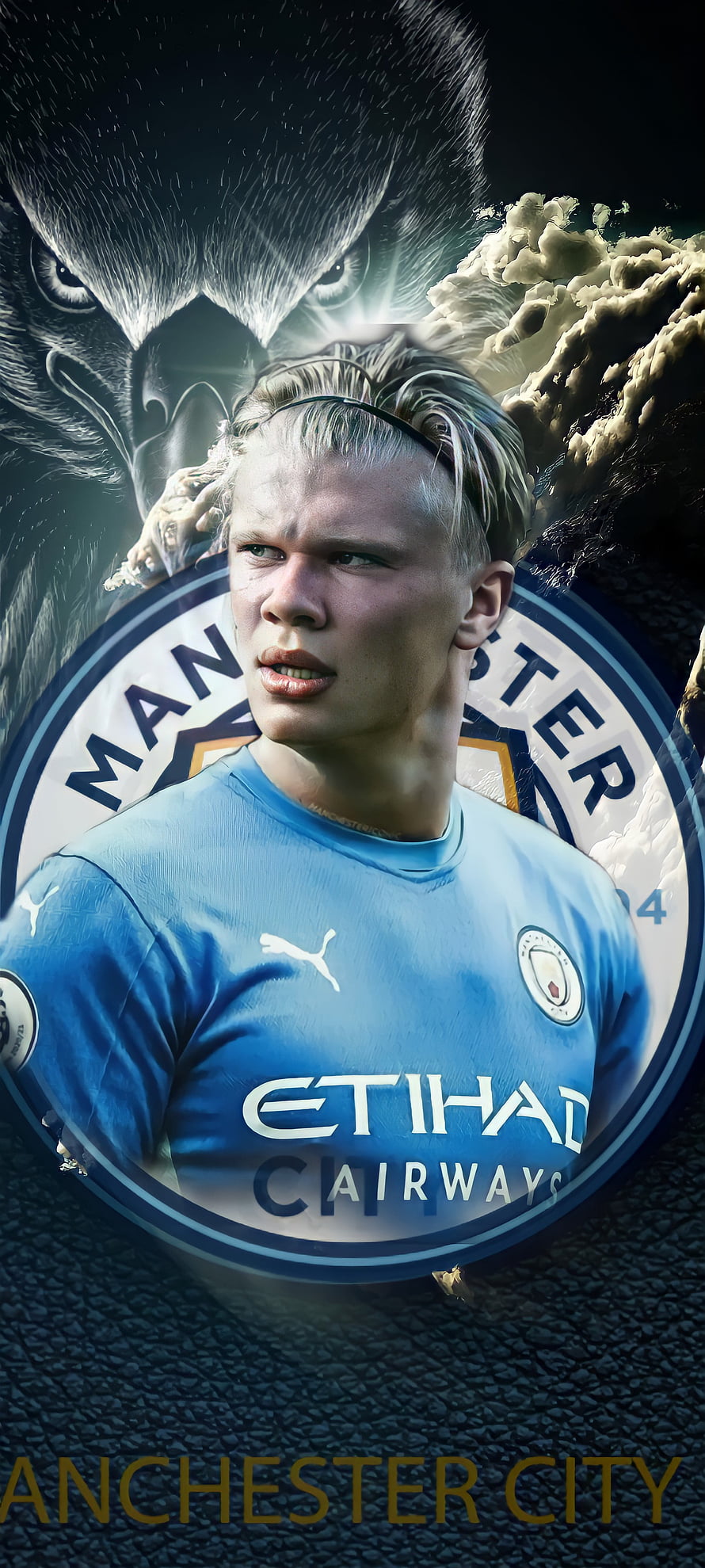 Erling Haaland in Manchester City Sky Blue Kit with Etihad Sponsor and Club Crest HD phone wallpaper