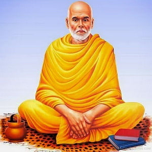 Sree Narayana Guru seated in meditation wearing saffron robes with sacred texts and a brass vessel HD phone wallpaper