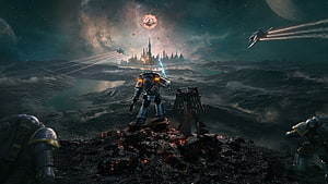 Roboute Guilliman and Space Marine overlooking a gothic fortress during a space battle in Warhammer 40K HD wallpaper